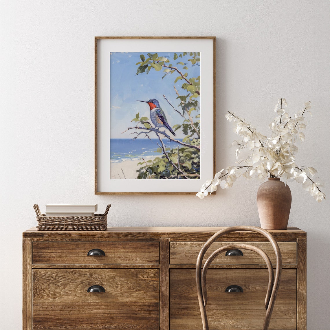 Ruby Throated Hummingbird on Branch Over Ocean Painting Poster - Image 7