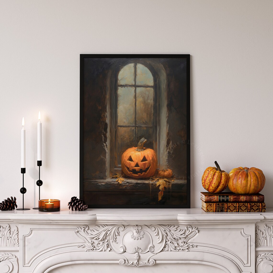 Jack-o-Lantern on Dark Arched Window Sill Moody Oil Painting Poster - Image 7