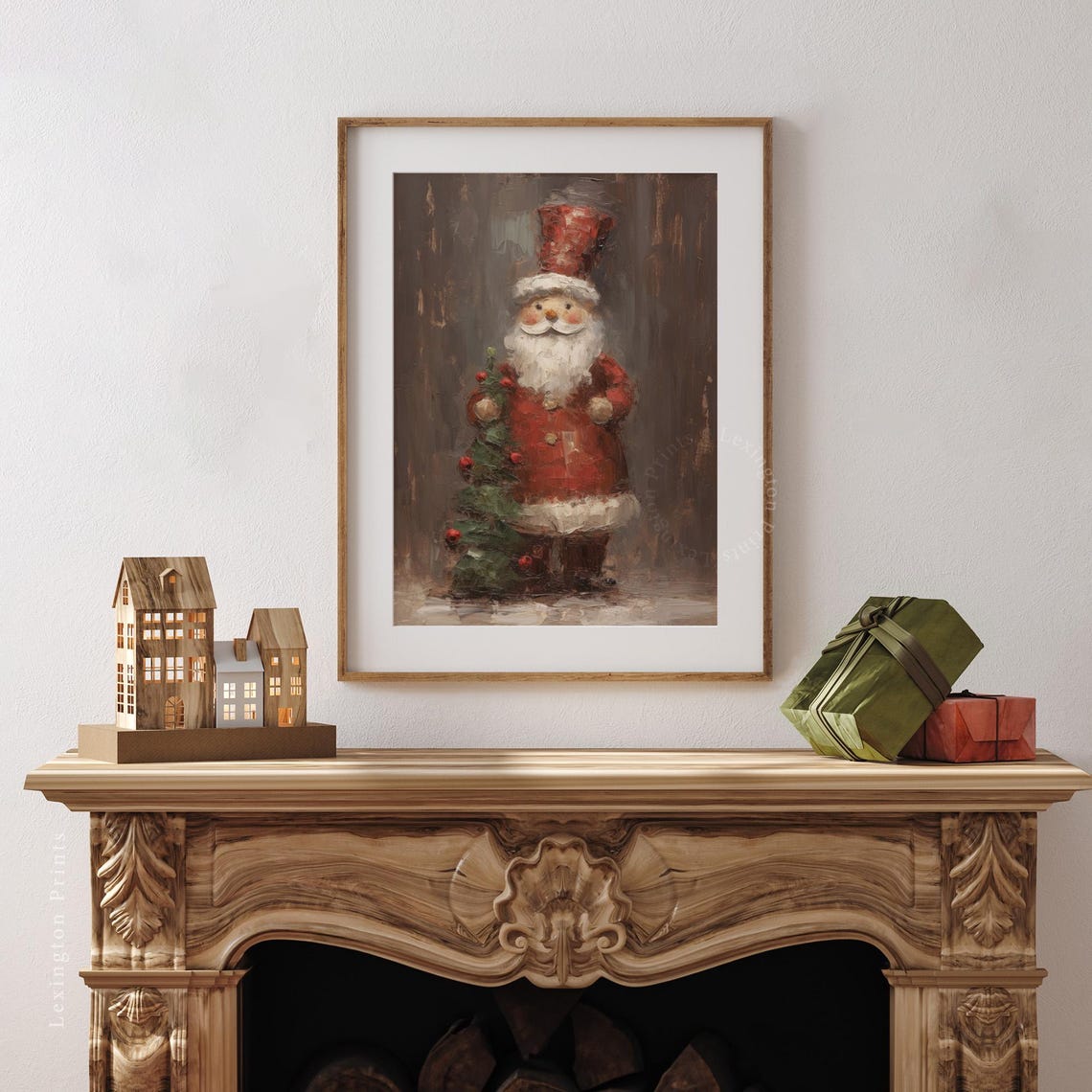 Rustic Folk Art Santa with Tall Red Hat Holding Berry Tree Poster - Image 3