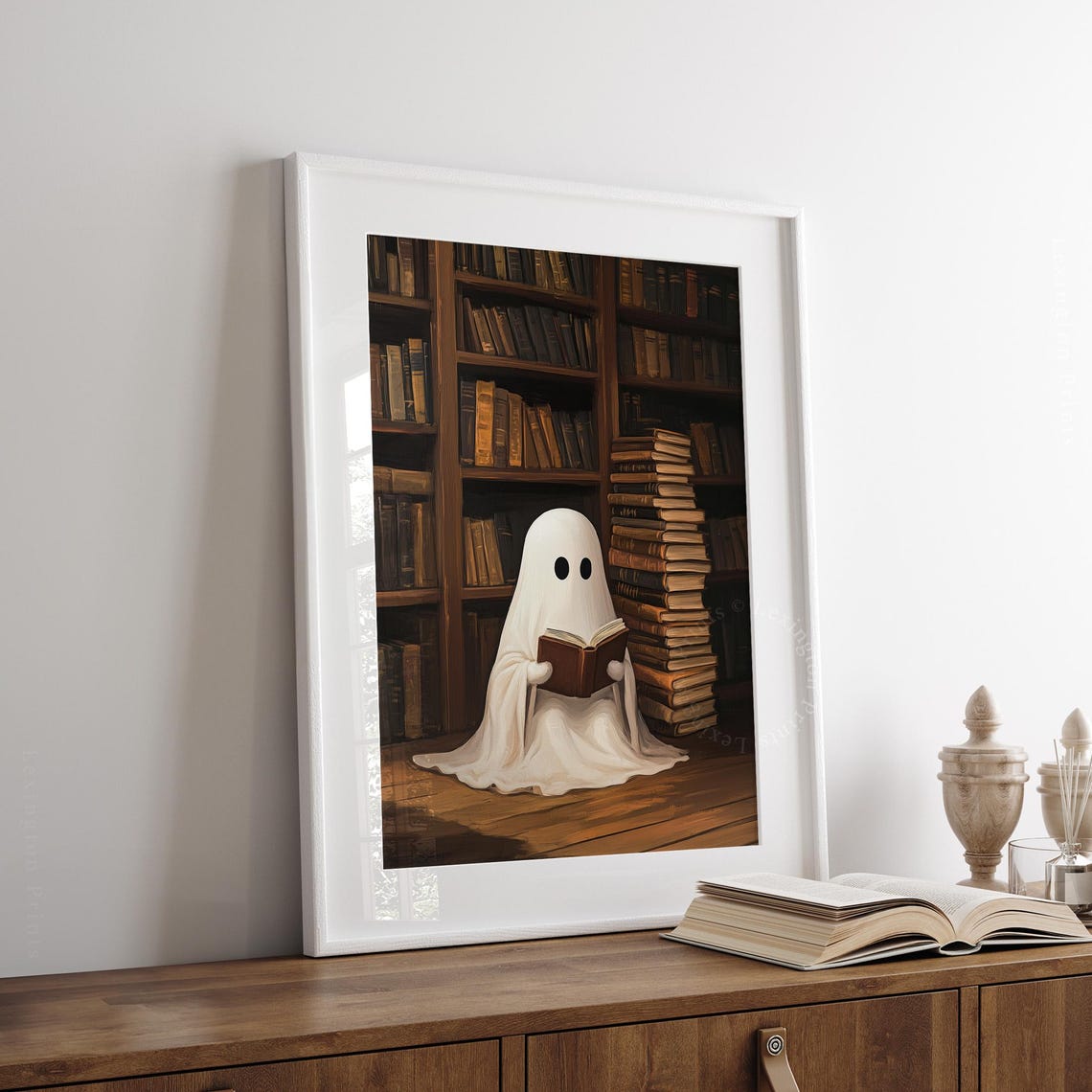 Cute Ghost Reading Book in Cozy Library Vintage Halloween Wall Art - Image 6