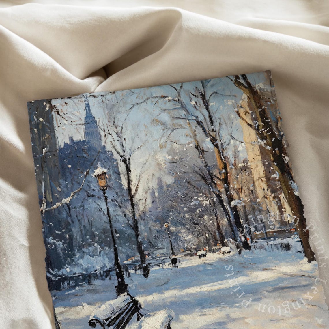 Snowy Park Bench Lamppost Quiet Winter Morning City Park Poster - Image 7