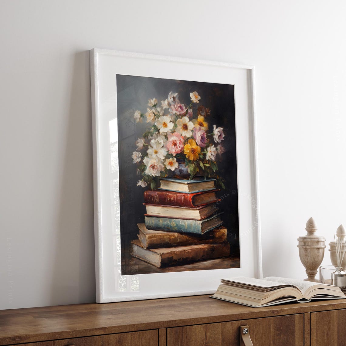 Wildflower Bouquet on Stack of Antique Books Dark Still Life Print - Image 8