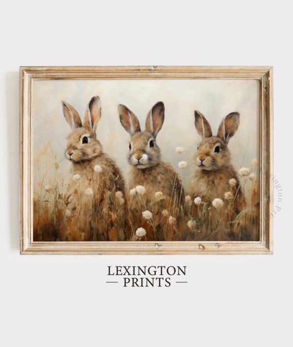 Spring Bunny Rabbits Spring Decor Vintage Farmhouse Print Vintage Rabbit Painting Spring Print Moody Spring Wall Art Wildflower Art 584