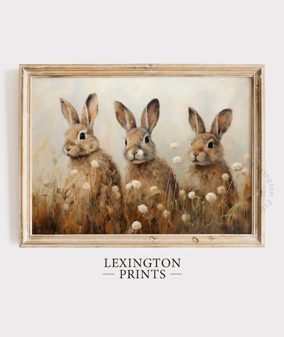 Three Bunnies Wildflower Field Vintage Spring Rabbit Painting Poster