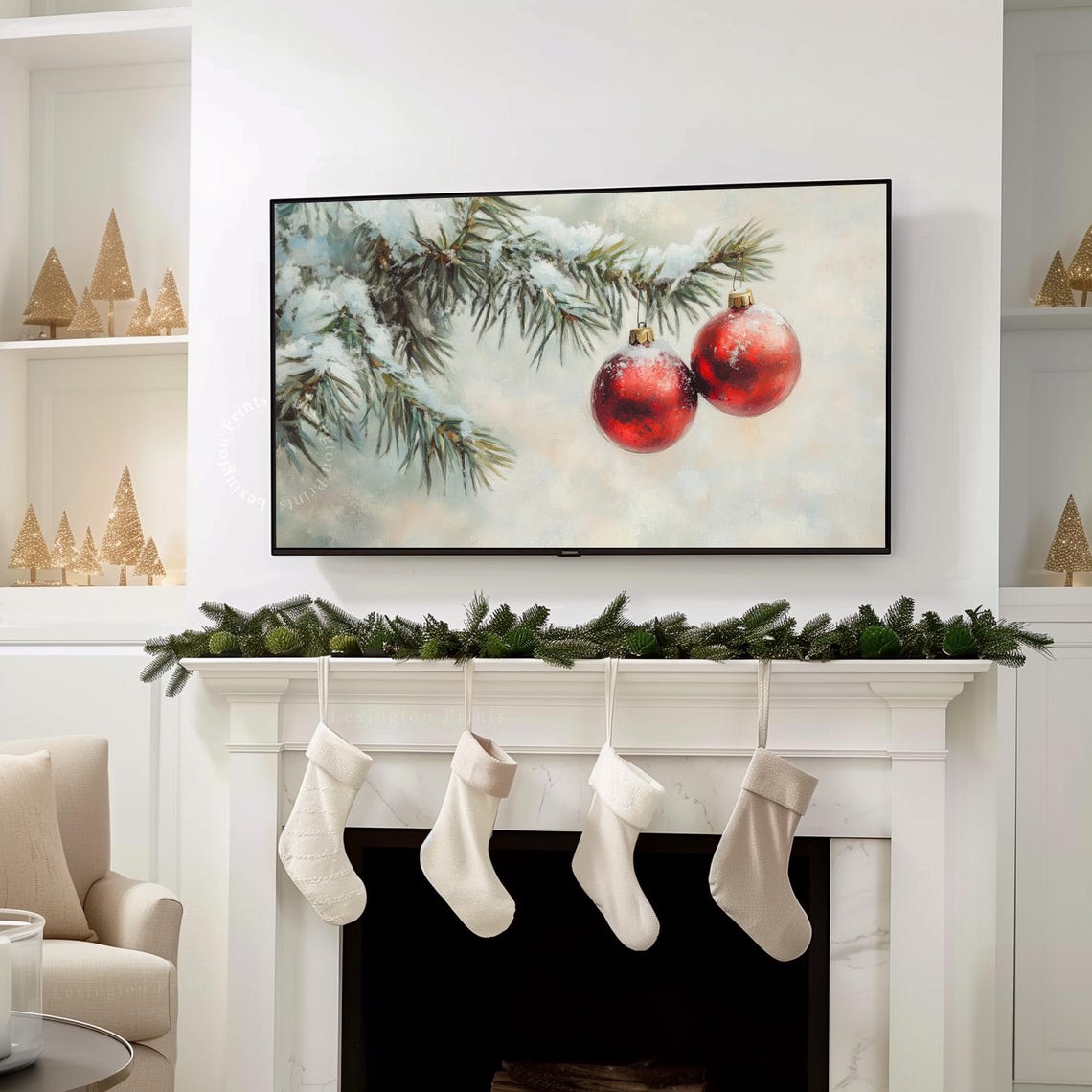 Red Christmas Ornaments Snowy Pine Branch Vintage Holiday TV Poster - Image 7