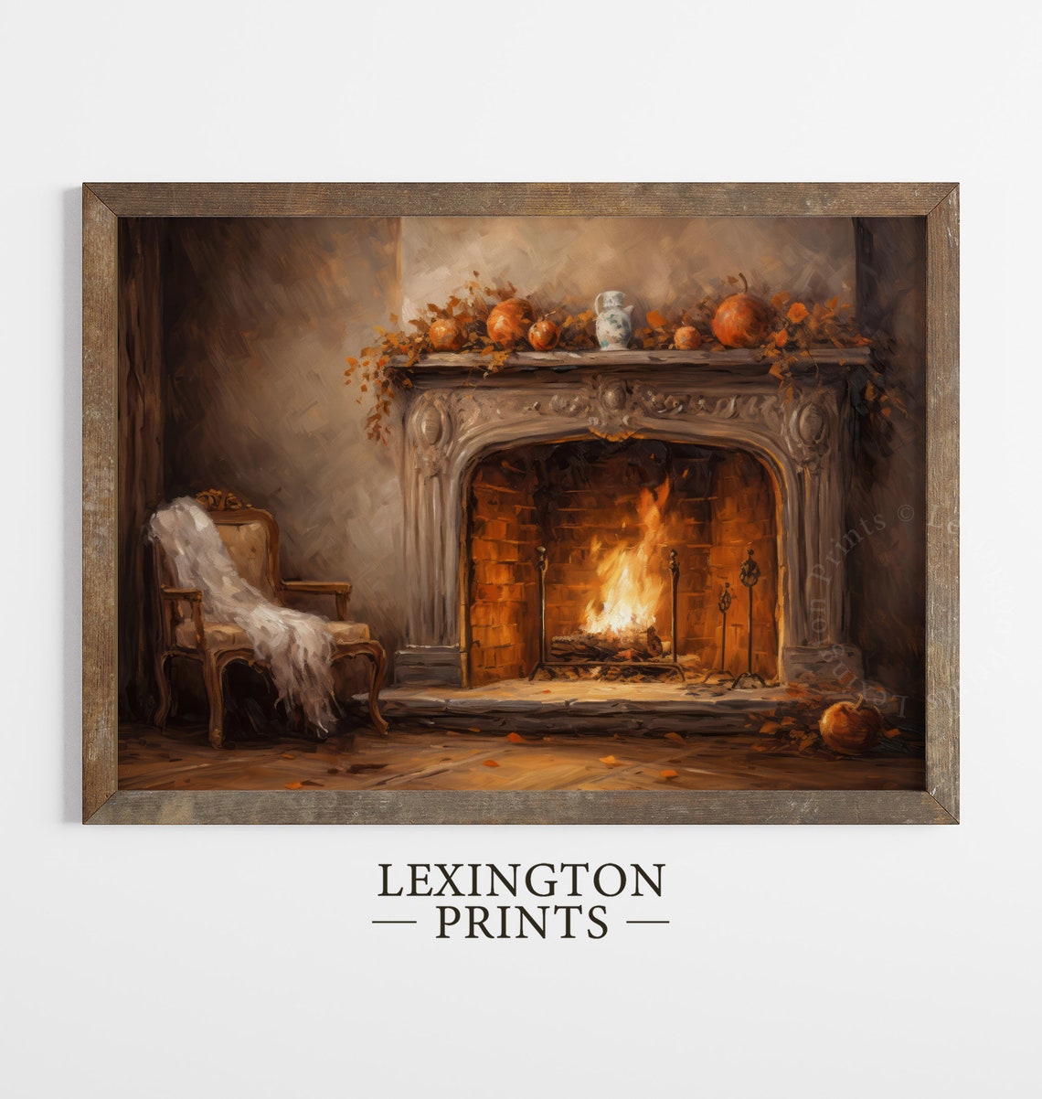 Fireplace with Burning Fire Fall Mantel Vintage Oil Painting Poster - Image 4