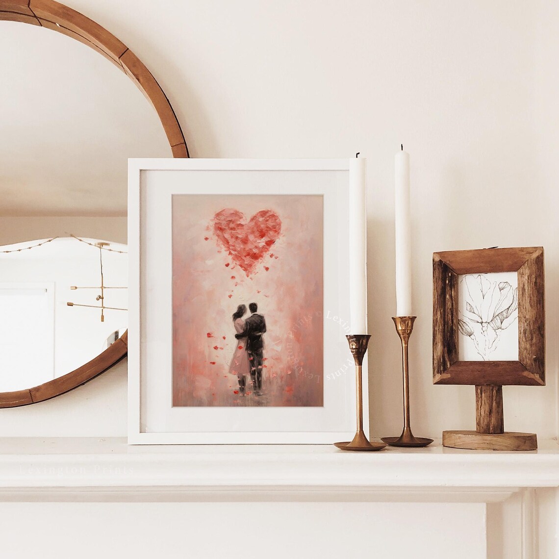 Embracing Couple Beneath Heart of Rose Petals Romantic Art Print - Image 3