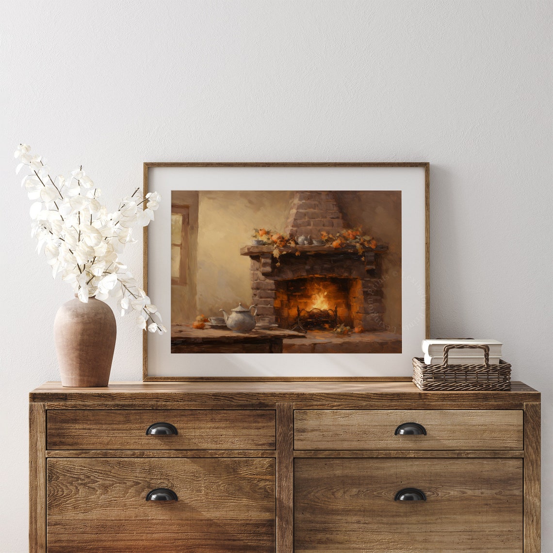 Stone Fireplace with Fire and Autumn Mantel Cozy Fall Interior Poster - Image 6