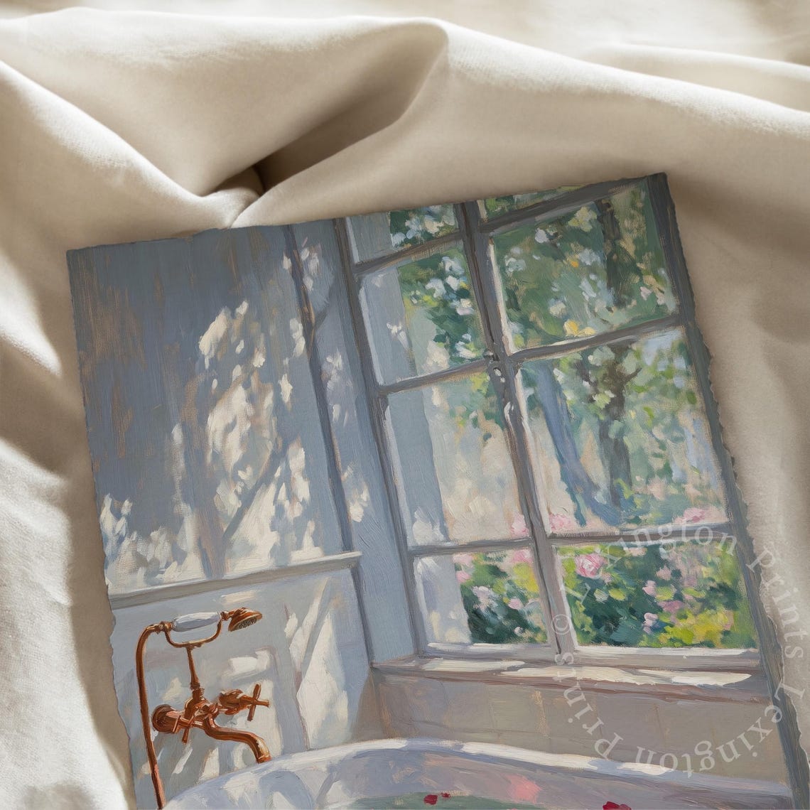 Rose Petal Bathtub by Sunlit Window Serene Spa Bathroom Art Print - Image 7