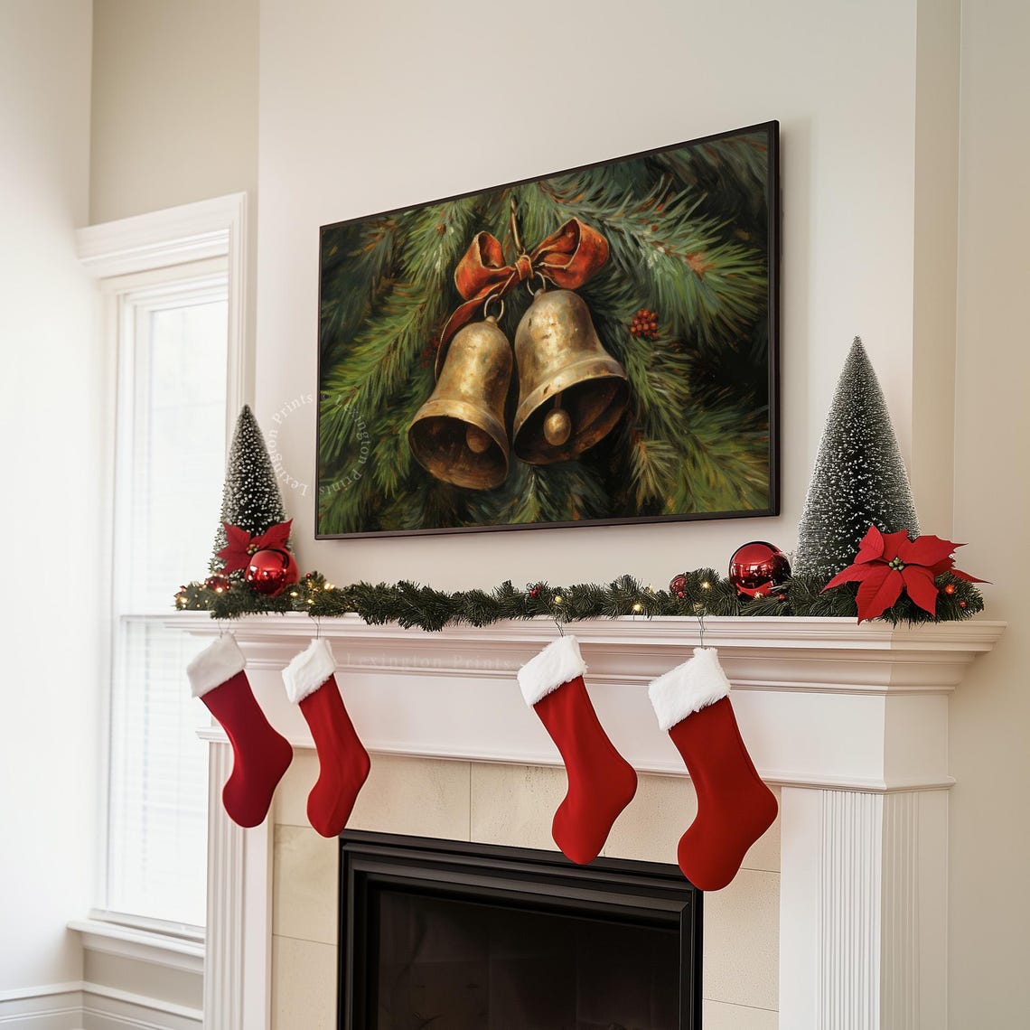 Vintage Brass Christmas Bells with Red Bow on Pine Boughs Poster - Image 3