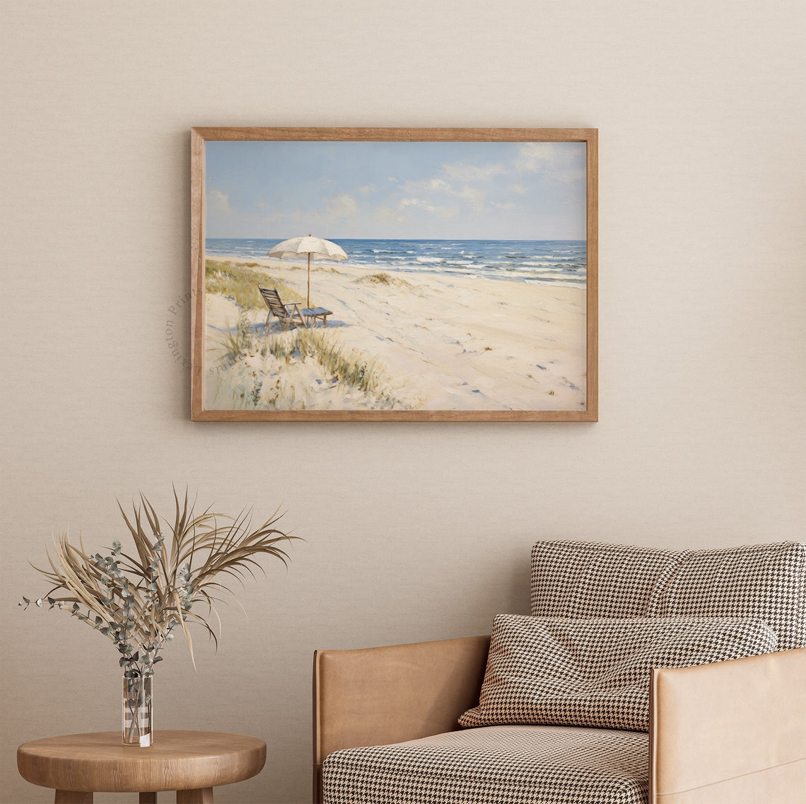 White Beach Umbrella Chairs Tranquil Ocean Oil Painting Coastal Poster - Image 3