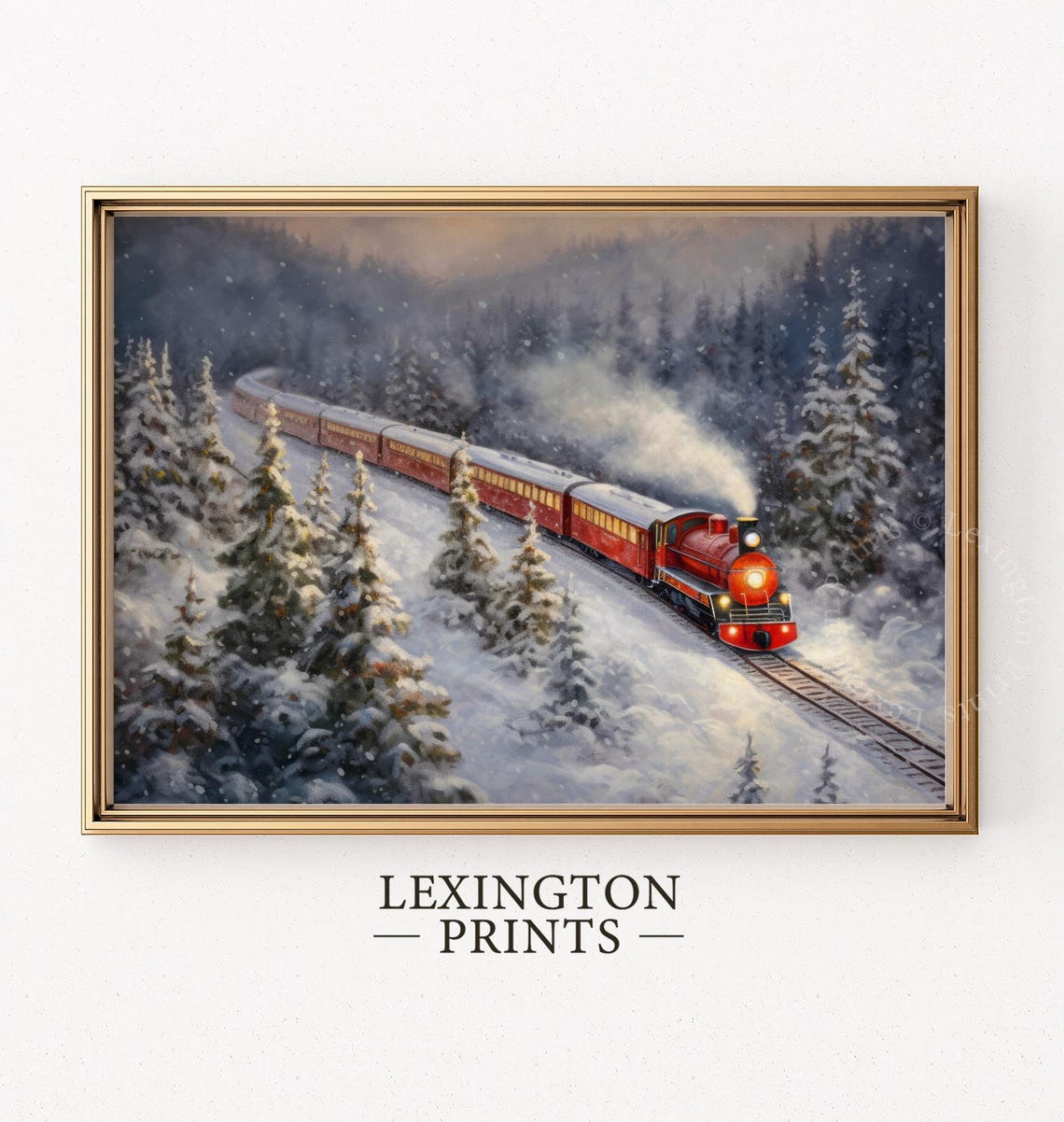 Christmas Train Snowy Forest Red Locomotive Vintage Holiday Poster