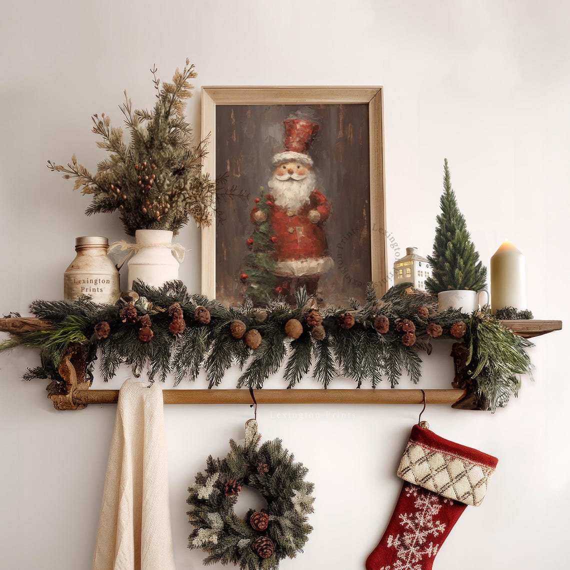 Rustic Folk Art Santa with Tall Red Hat Holding Berry Tree Poster - Image 6