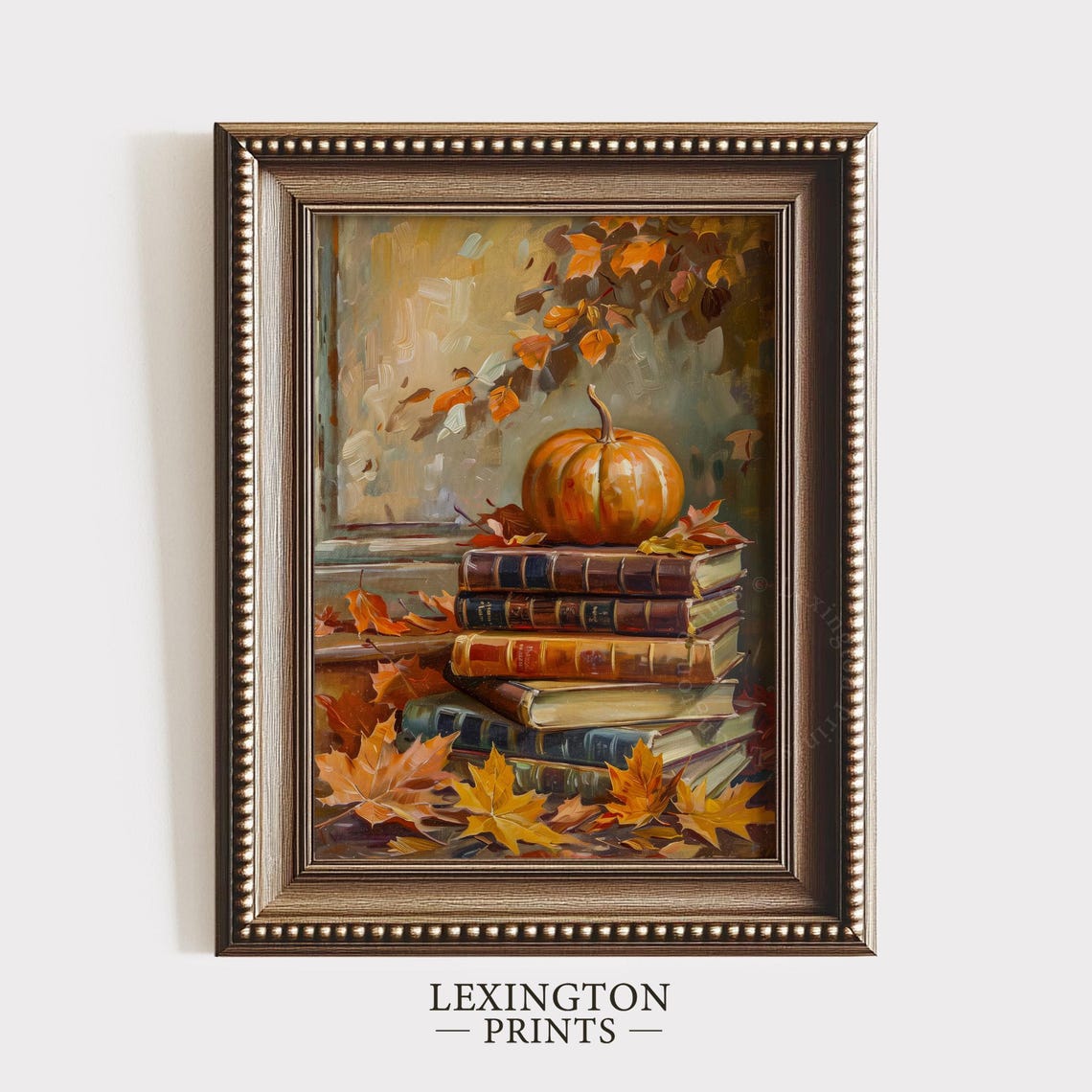 Pumpkin on a Stack of Vintage Books Cozy Fall Still Life Poster - Image 6