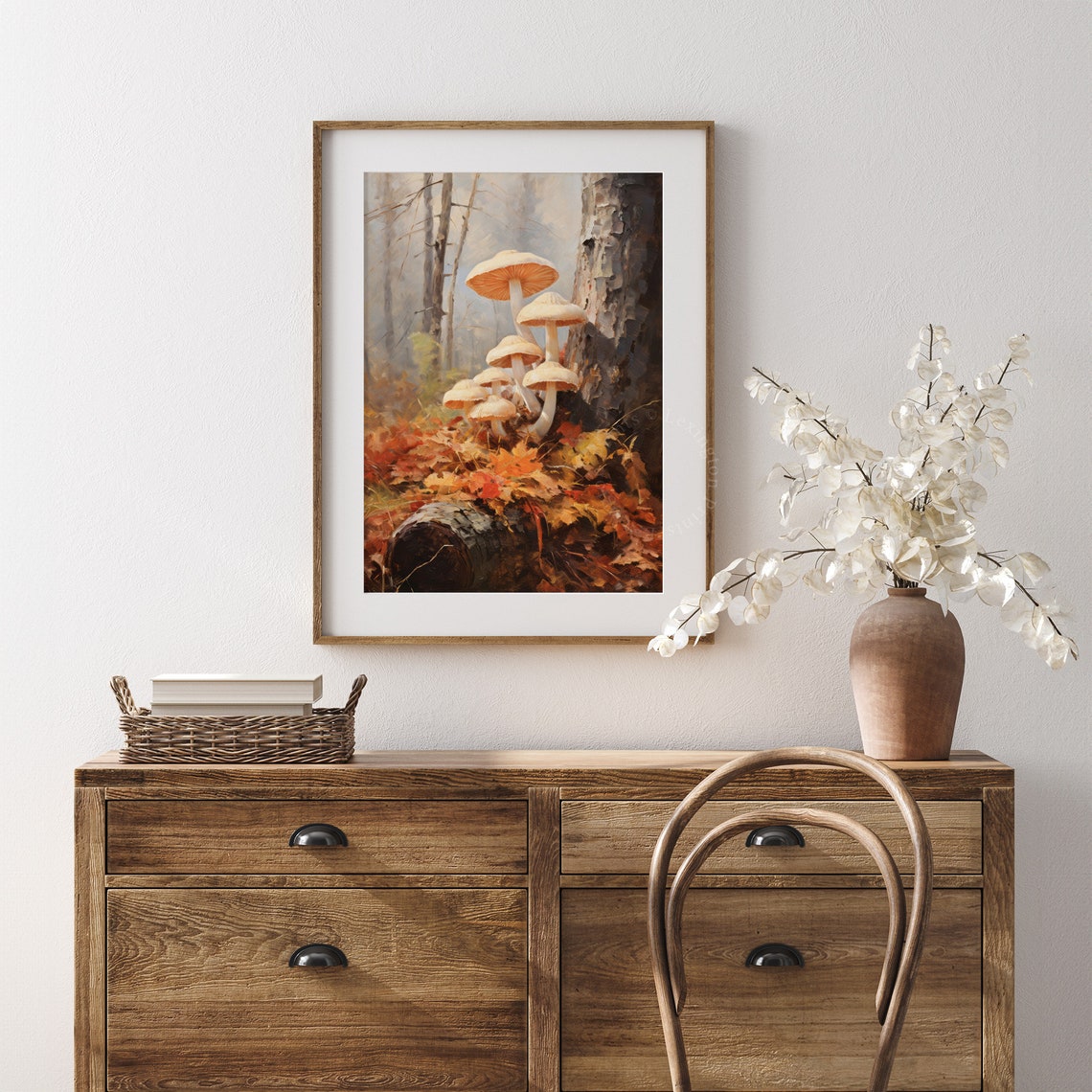 White Mushrooms by a Tree Trunk Autumn Leaves Woodland Poster - Image 6