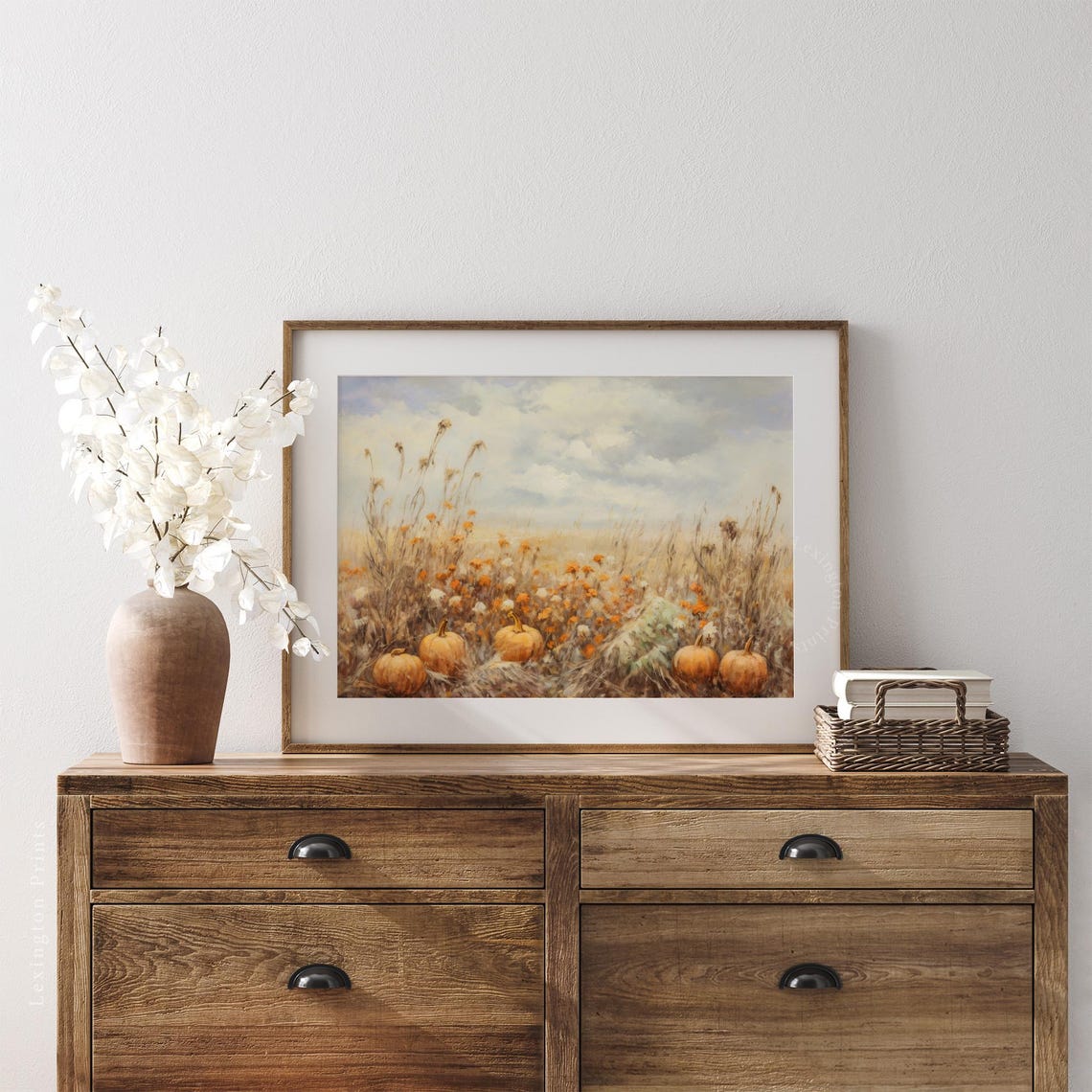Pumpkin Patch in Autumn Field Under Cloudy Sky Fall Harvest Poster - Image 5