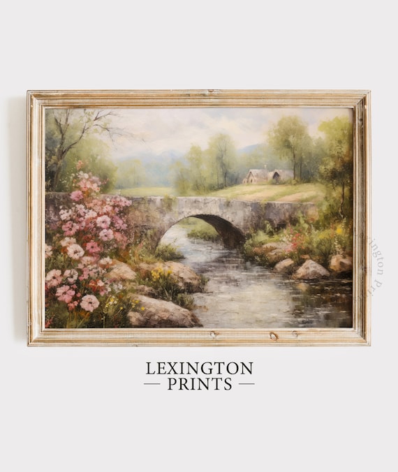 Stone Bridge Over a Stream Countryside Cottage Landscape Poster