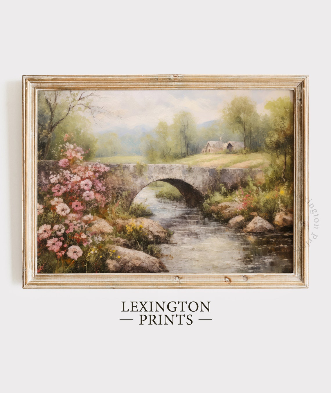 Stone Bridge Over a Stream Countryside Cottage Landscape Poster
