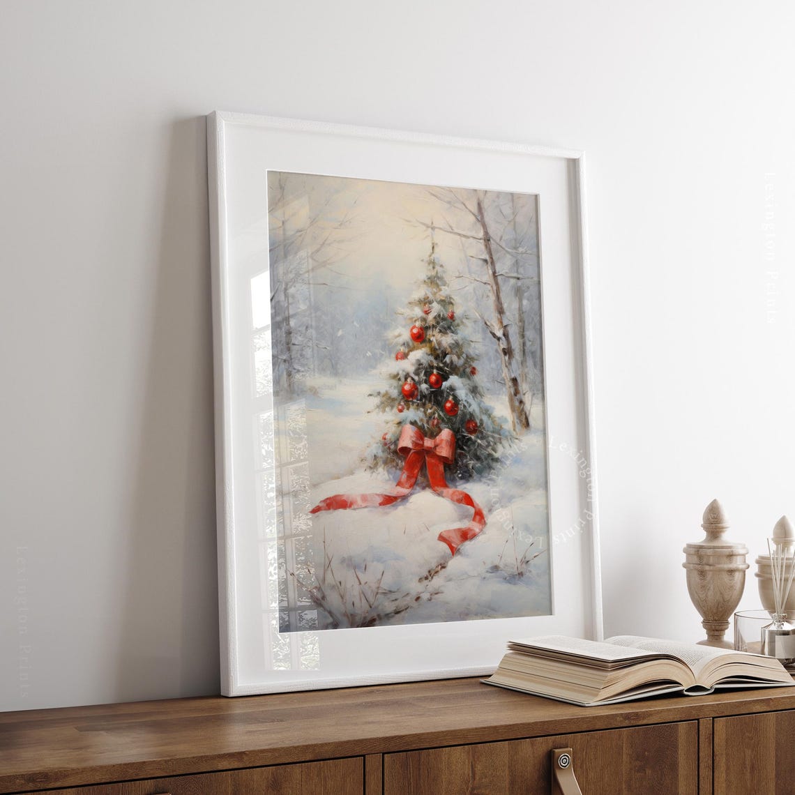 Snowy Vintage Christmas Wall Art Botanical Wall Art Christmas Oil Painting Christmas Tree Ribbon Christmas Print Holiday Winter 305 - Image 4