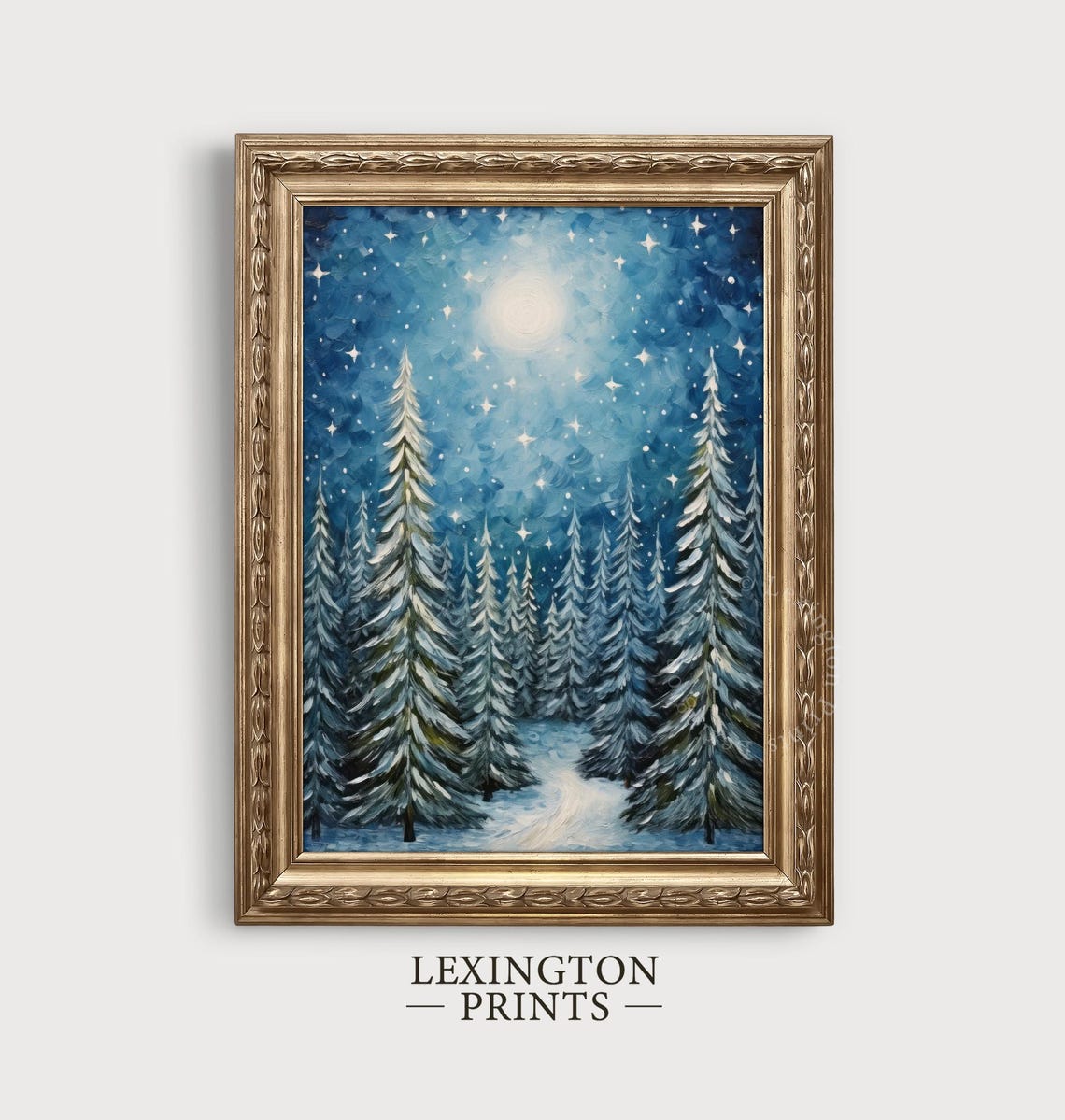 Starry Night Winter Forest with Snowy Pines Christmas Moon Wall Art - Image 3