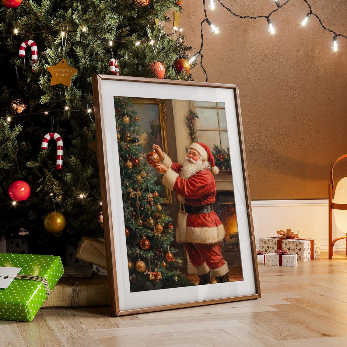 Santa Claus Decorating Christmas Tree Vintage Holiday Scene Poster - Image 6