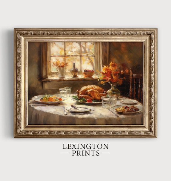 Thanksgiving Turkey Dinner Sunny Window Harvest Table Vintage Painting Poster