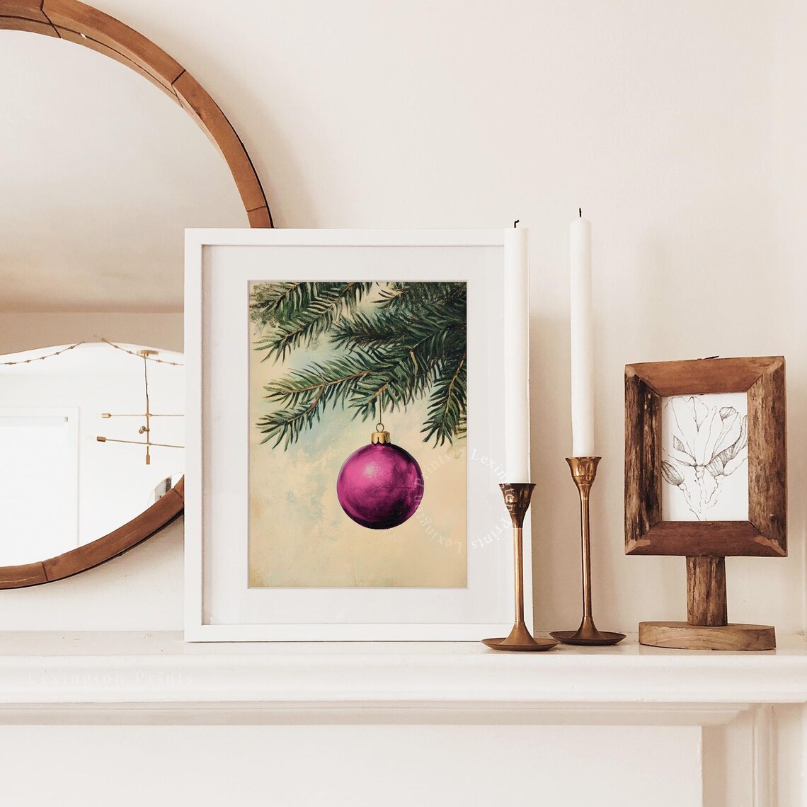 Magenta Christmas Ornament on Pine Branch Vintage Holiday Poster - Image 2