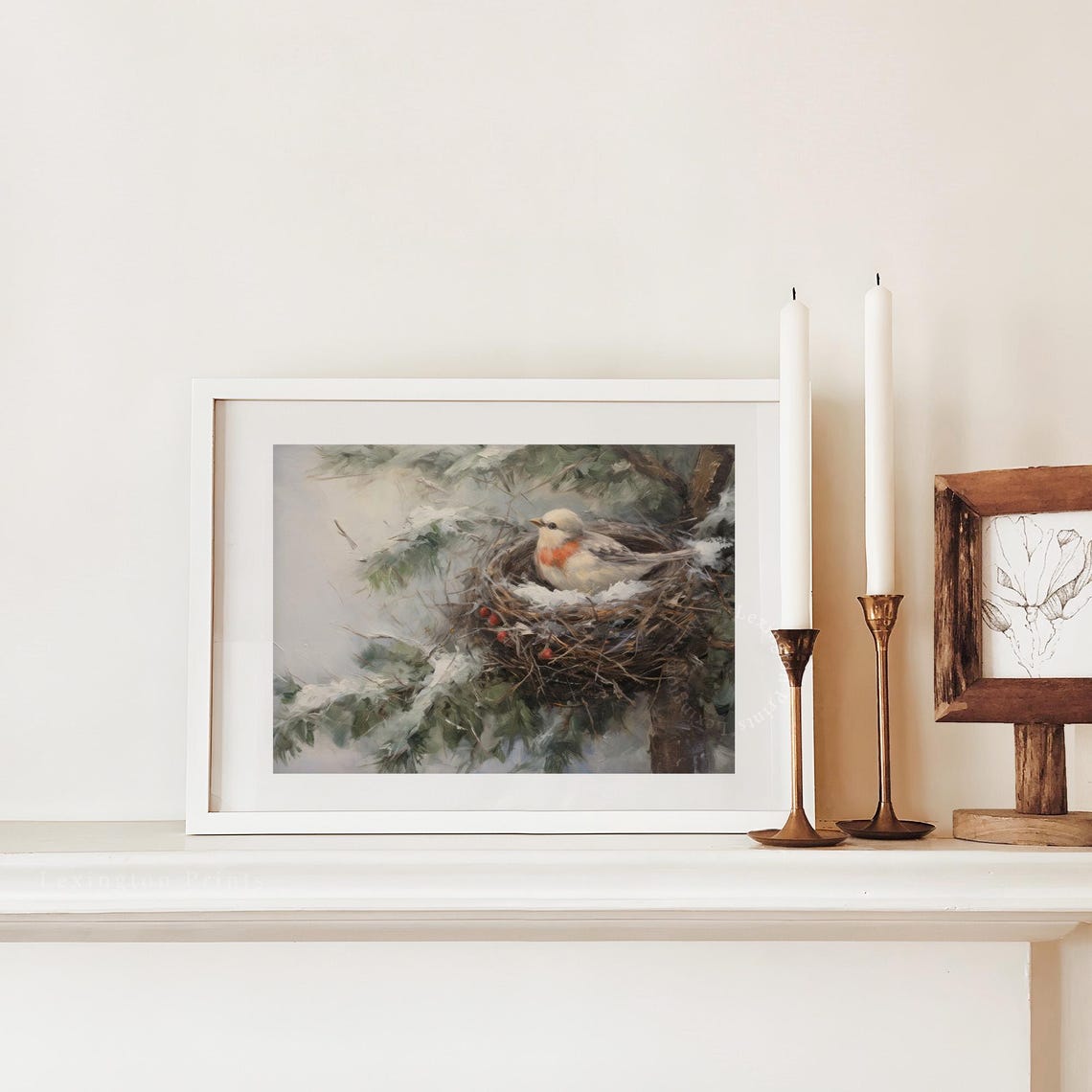 Small Bird in Snowy Nest on Pine Branch Winter Painting Poster - Image 3
