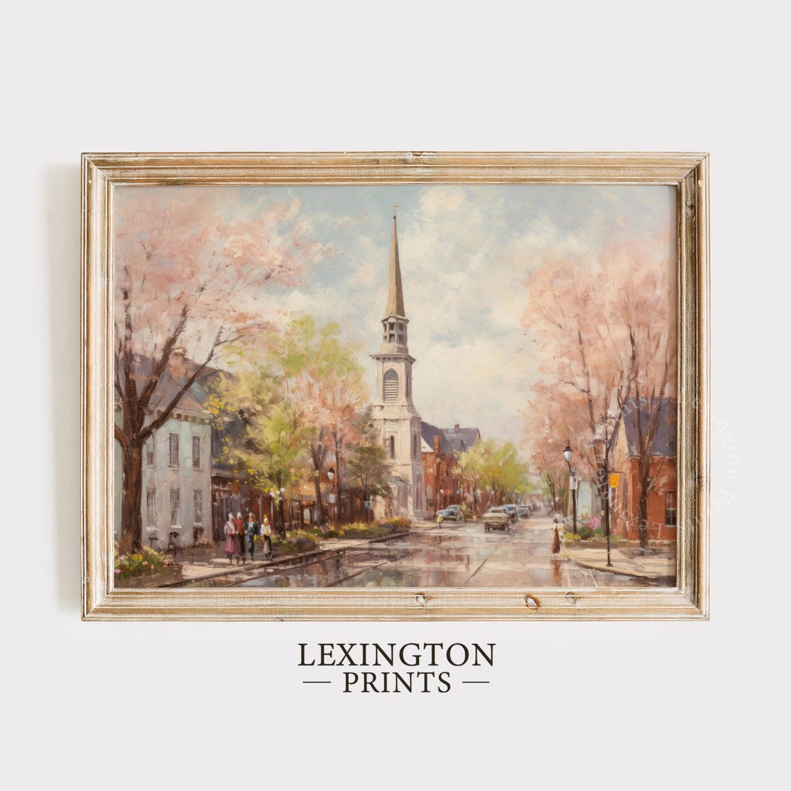 Spring Cherry Blossom Street Church Steeple Vintage Painting Poster