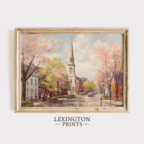 Moody Spring Town City Art Print Spring Decor Vintage Spring Print Farmhouse Decor Easter Decor Cherry Blossom Tree Print Church 478