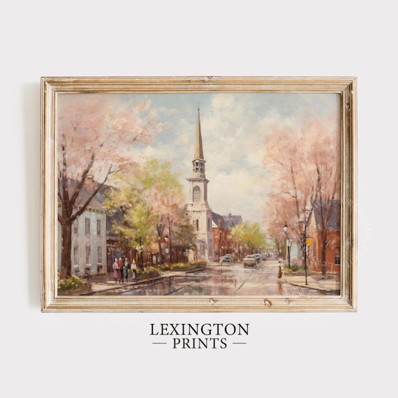 Spring Cherry Blossom Street Church Steeple Vintage Painting Poster