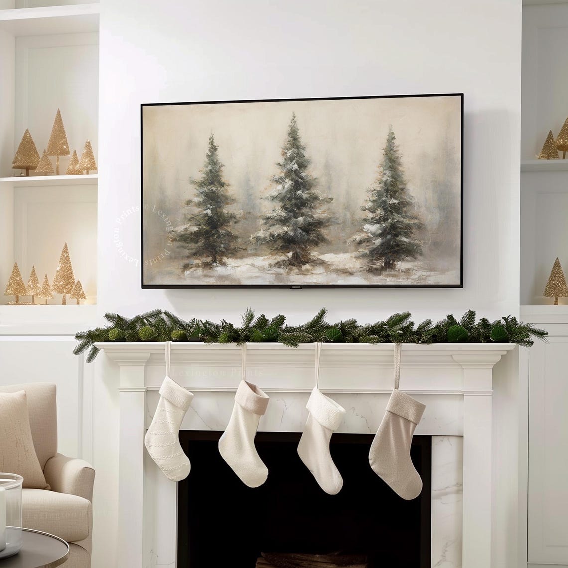 Three Snowy Evergreen Trees in Winter Fog Frame TV Art Poster - Image 7