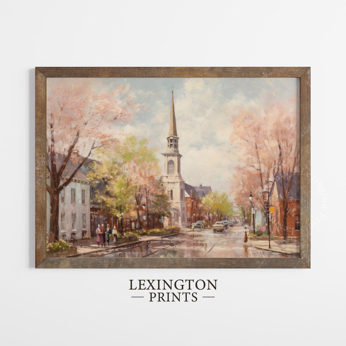 Spring Cherry Blossom Street Church Steeple Vintage Painting Poster - Image 4