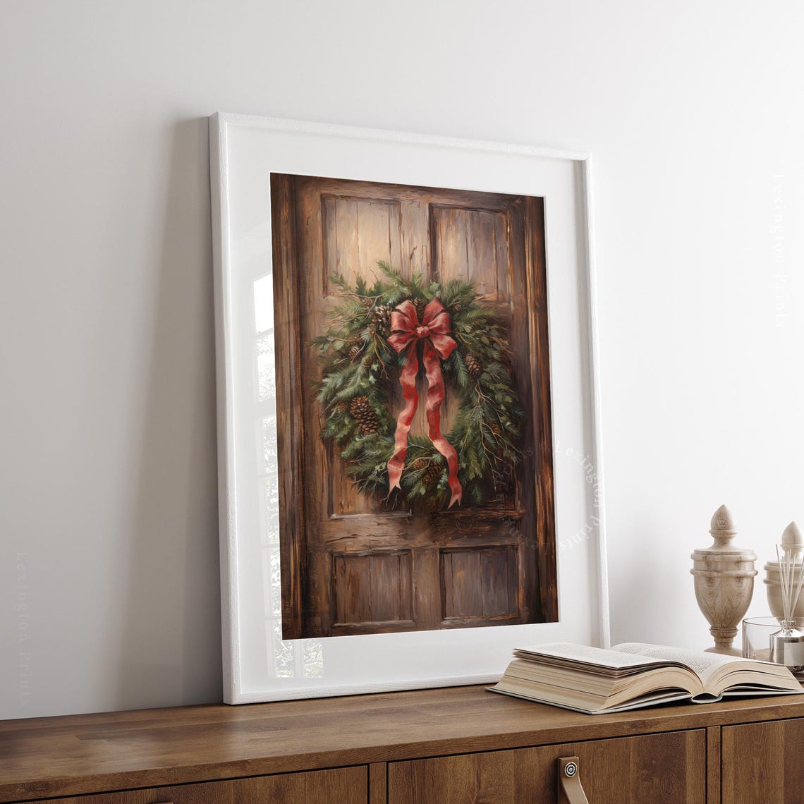 Christmas Wreath with Red Velvet Bow on Rustic Wooden Door Poster - Image 3