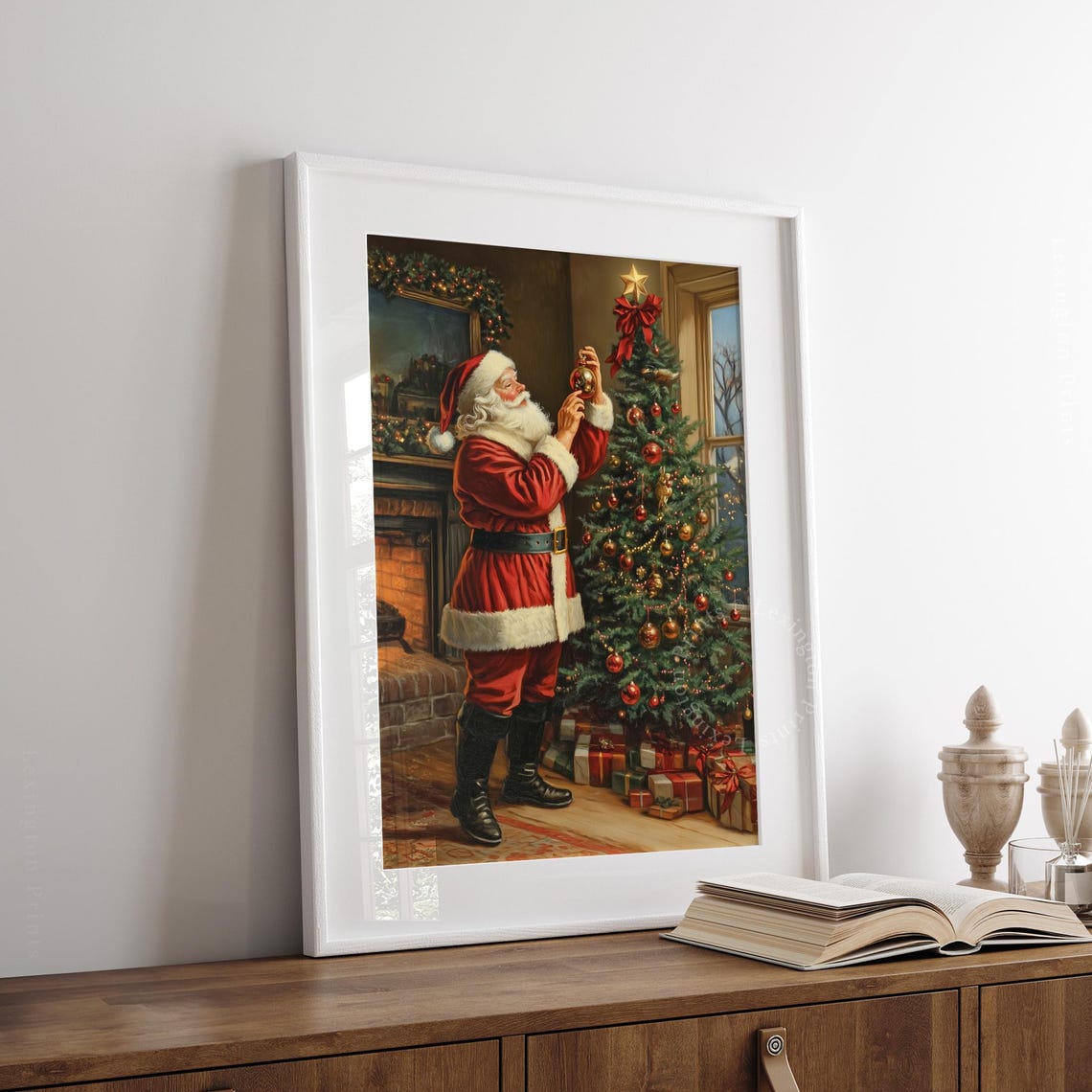 Santa Decorating Christmas Tree Fireside Vintage Holiday Poster - Image 3