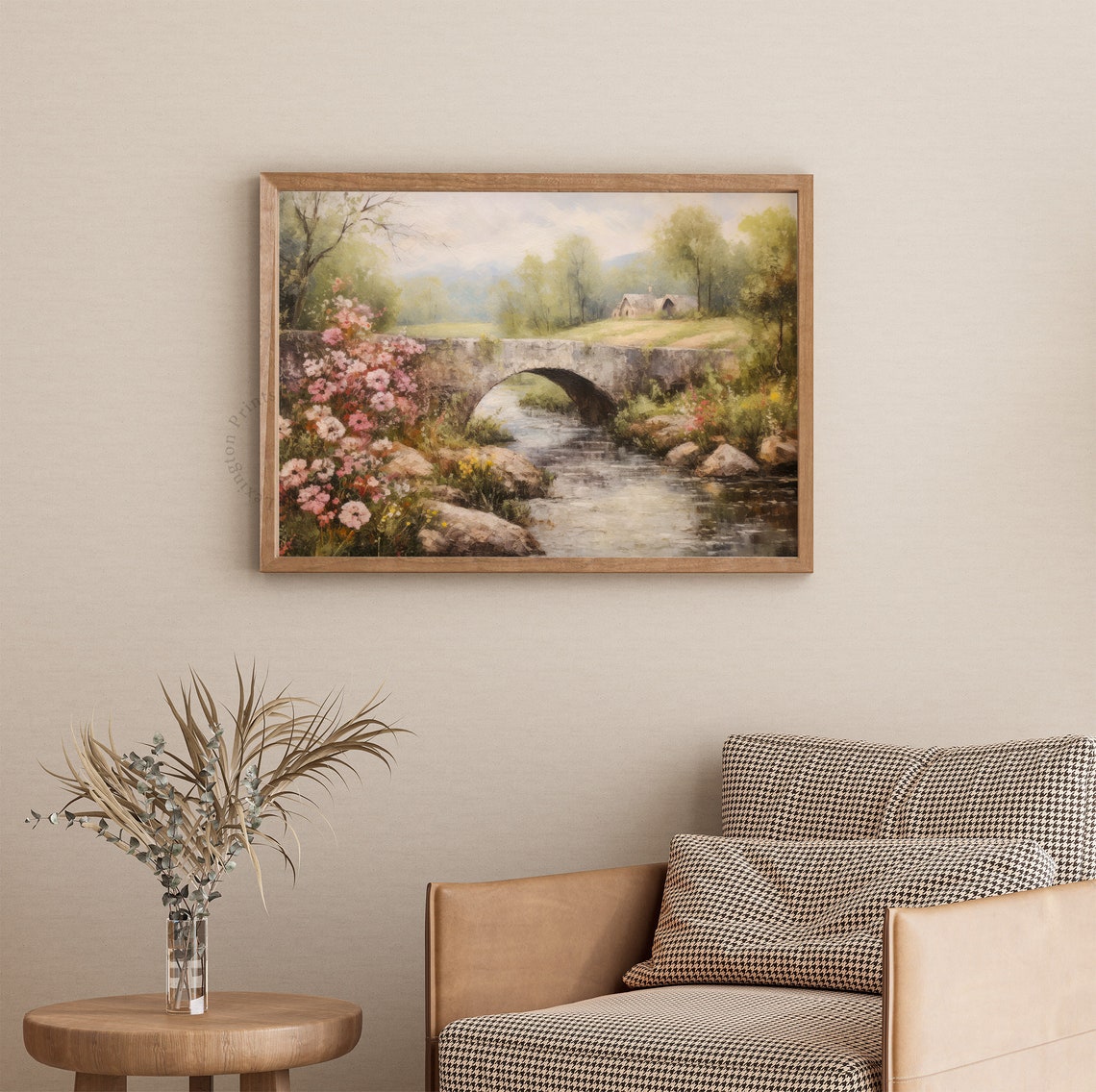 Stone Bridge Over a Stream Countryside Cottage Landscape Poster - Image 3