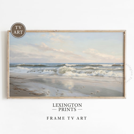 Ocean Waves Breaking on Sandy Shore Sunrise Frame TV Art Coastal Print
