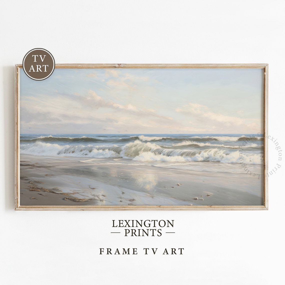 Ocean Waves Breaking on Sandy Shore Sunrise Frame TV Art Coastal Print