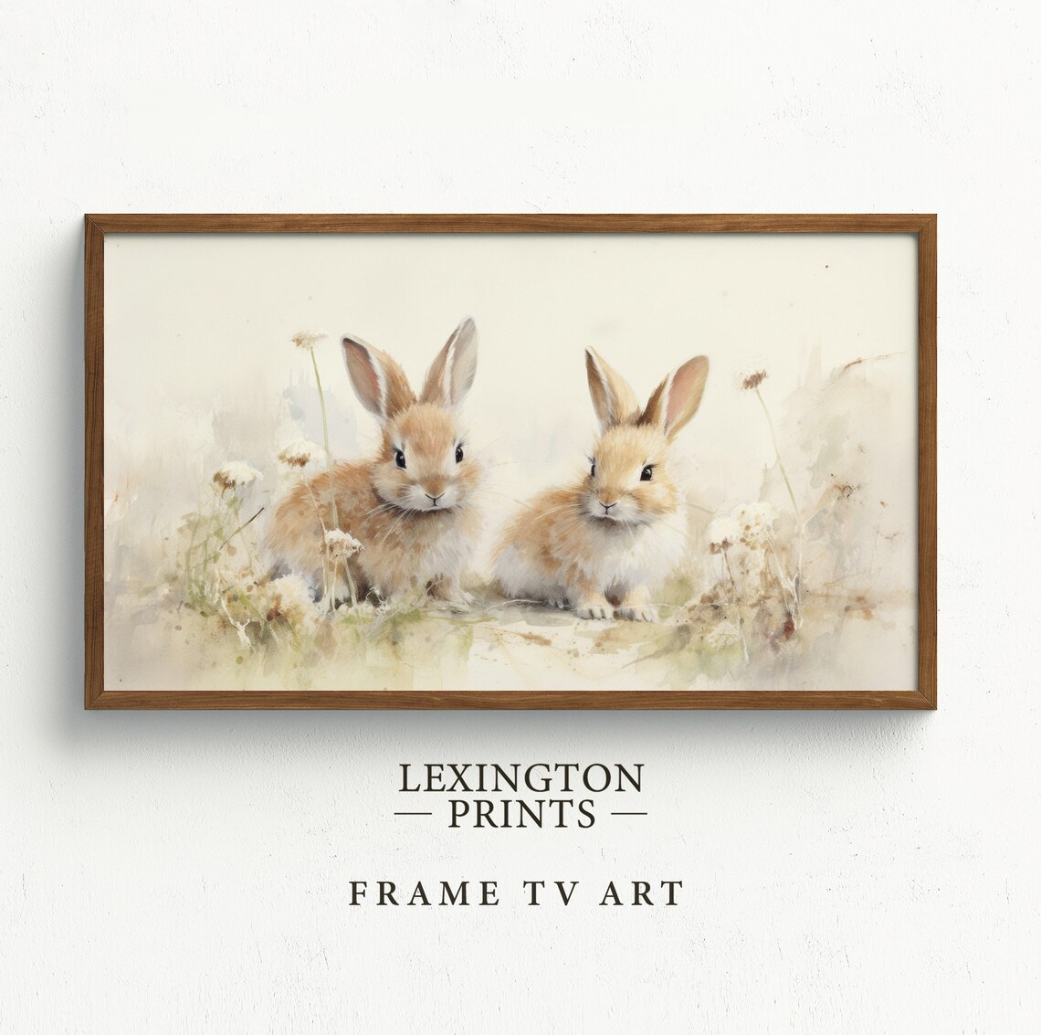 Baby Bunnies Pair Soft Watercolor Cream Background Easter Frame TV Art Poster - Image 5