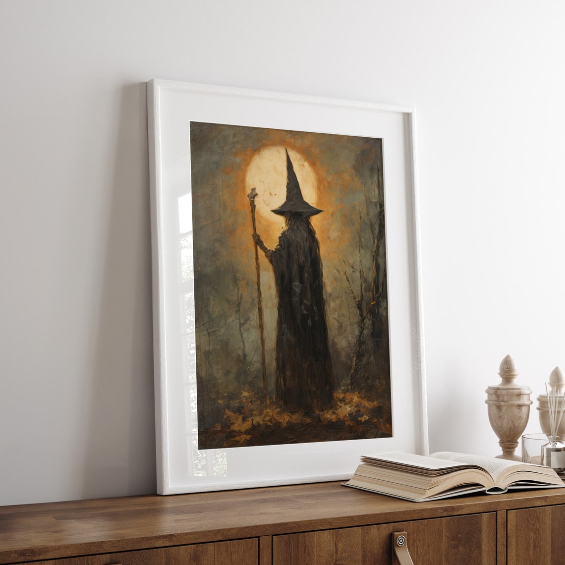 Mysterious Cloaked Wizard With Staff Standing Before Full Moon Poster - Image 3