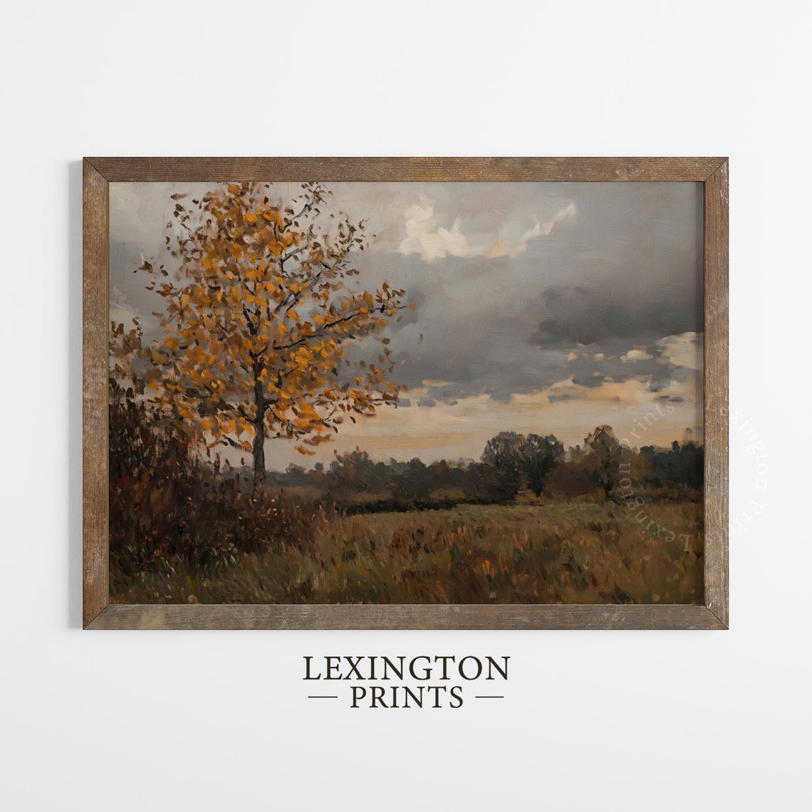 Golden Autumn Tree in Open Field Cloudy Sky Oil Painting Poster