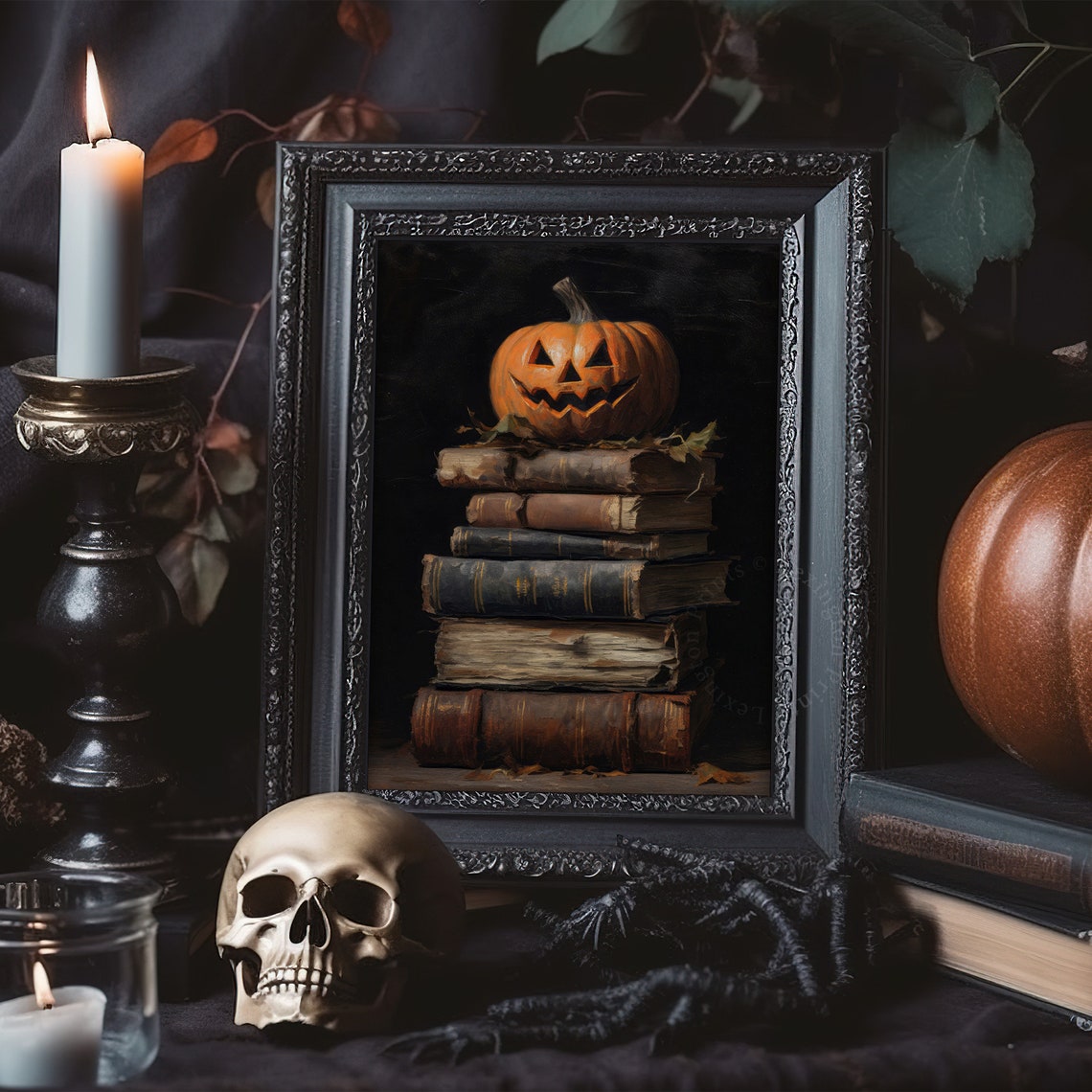 Jack-o-Lantern on Stack of Antique Books Dark Halloween Oil Poster - Image 7