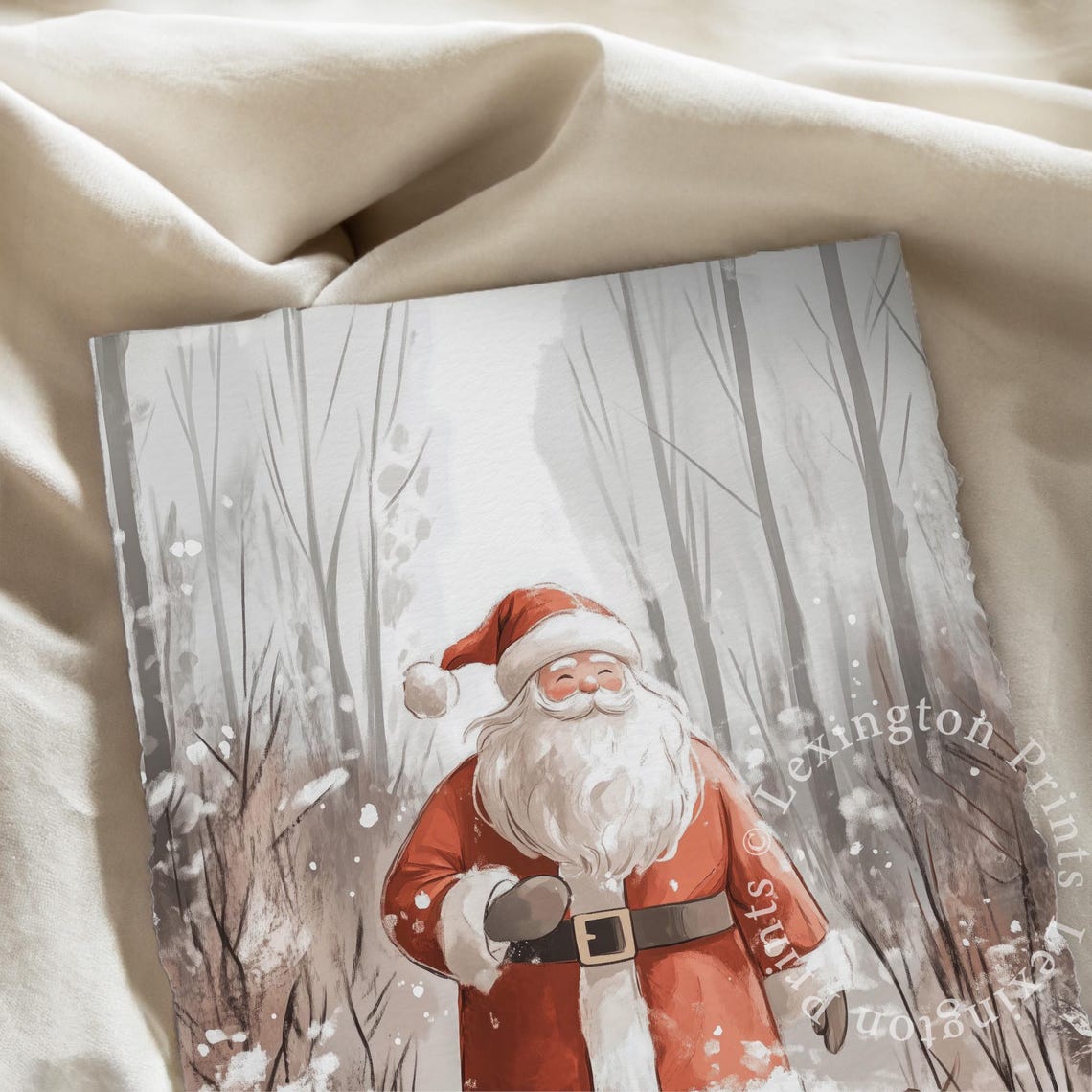 Santa Claus Strolling Through Snowy Birch Forest Christmas Wall Art - Image 7