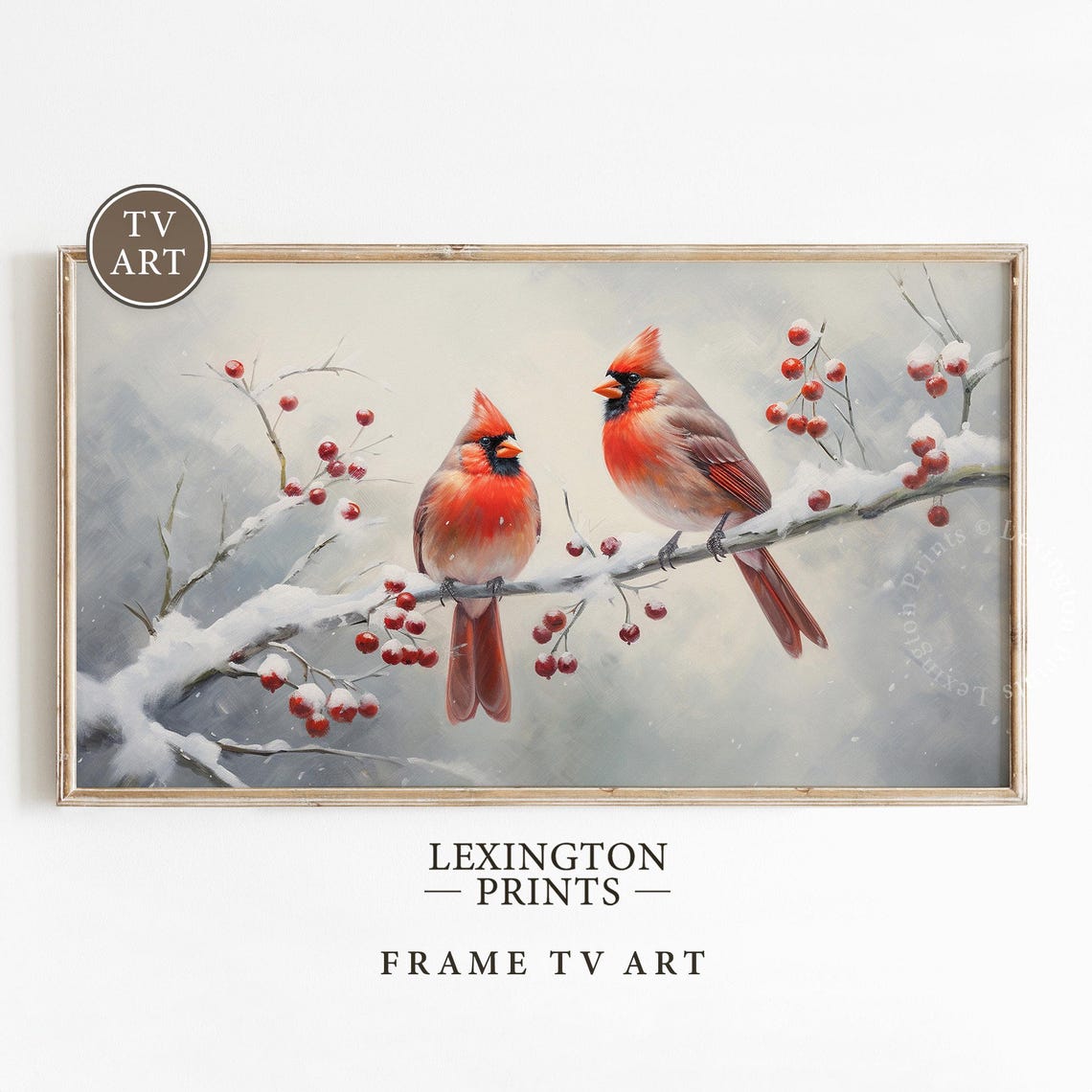 Two Red Cardinals perched on Snowy Branch Winter Bird Poster