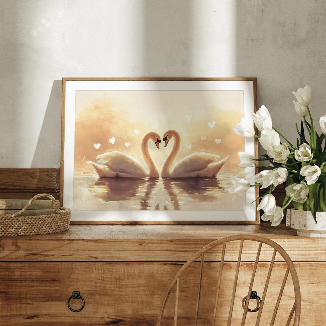 Swan Couple Heart Shape Golden Light Romantic Valentine Bedroom Print - Image 3
