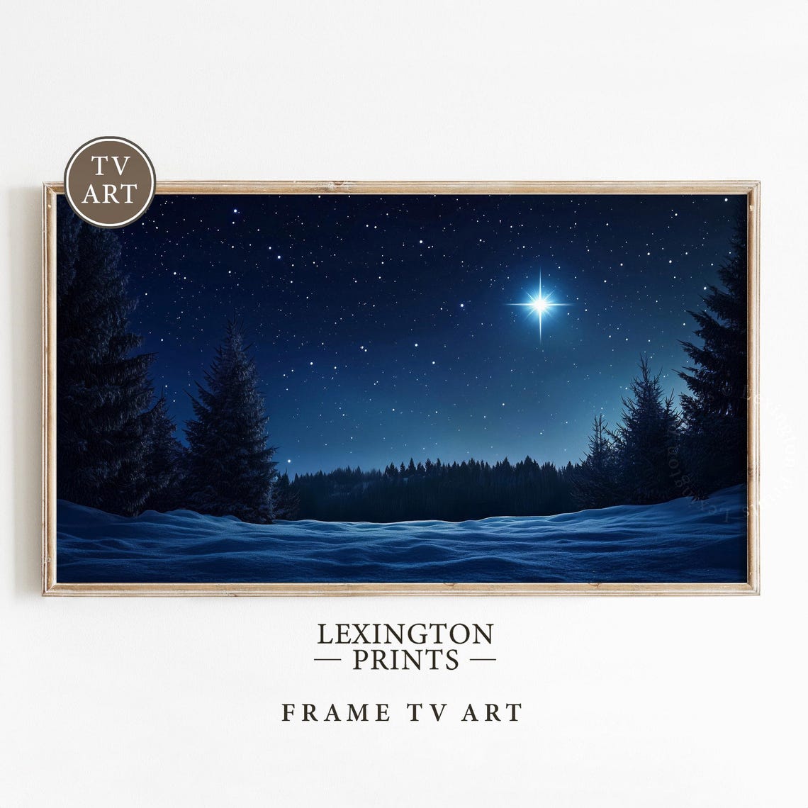 Starry Winter Night Over Snowy Forest Bright North Star TV Art Poster