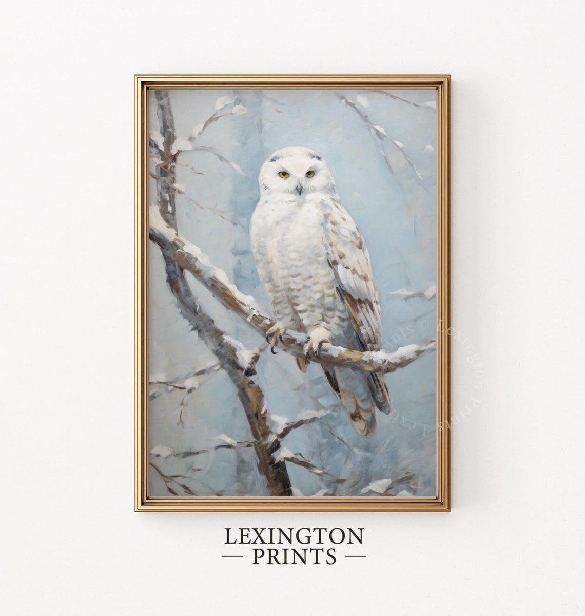 Snowy White Owl Perched on Branch Winter Wildlife Painting Poster - Image 5