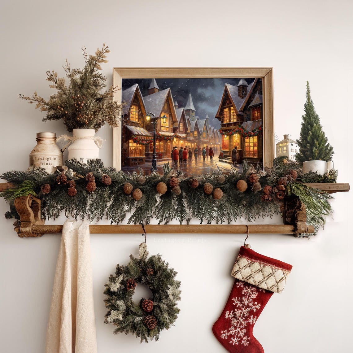 Snowy Christmas Village Street at Night Glowing Windows Art Print - Image 6