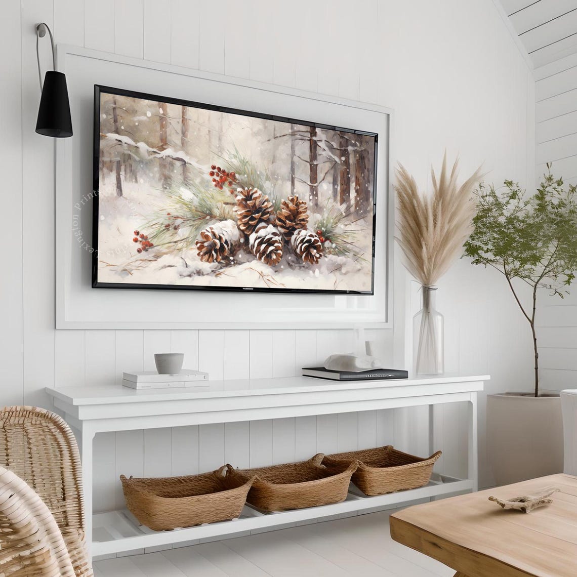 Snow Covered Pinecones and Red Berries Winter Forest Scene Poster - Image 2