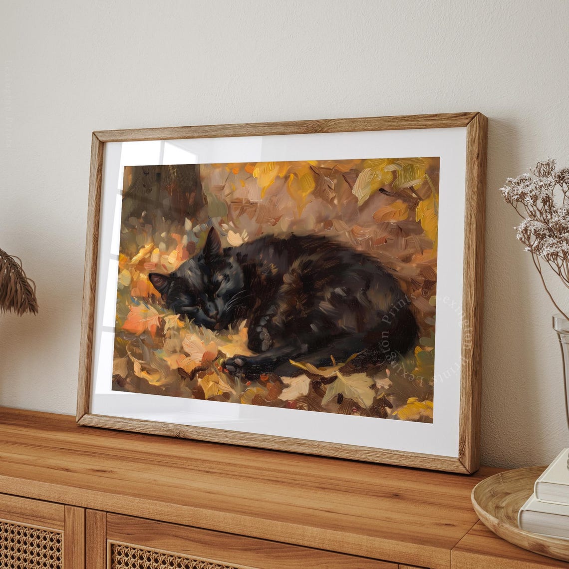 Sleeping Black Cat in Autumn Leaves Cozy Fall Oil Painting Wall Art - Image 6